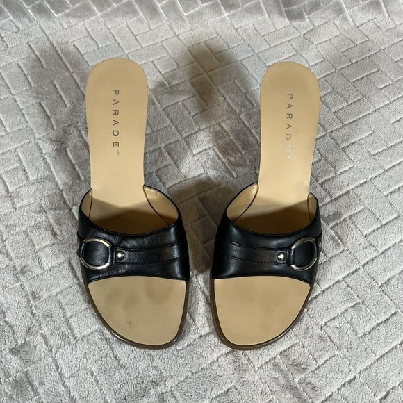 Parade Womens 7 Sandal Wedge Heels Black Leather Slip On with Silver Tone Detail - Picture 3 of 9